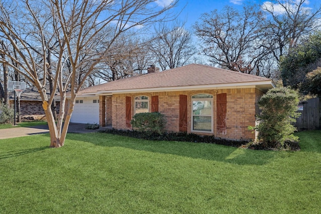 ranch-style house featuring concrete driveway, a chimney, a front lawn, a garage, and fence