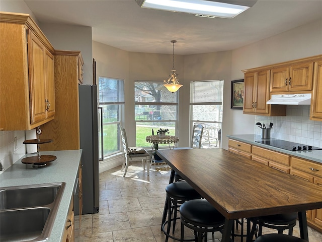 kitchen with black electric cooktop, a sink, freestanding refrigerator, decorative backsplash, and under cabinet range hood