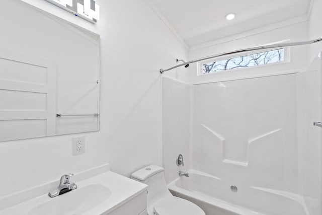 full bath featuring vanity, toilet, and shower / washtub combination