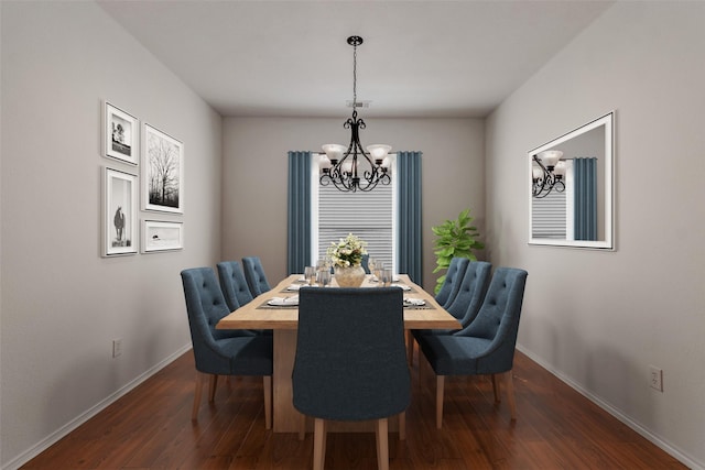 dining area featuring baseboards, dark wood-style flooring, visible vents, and a chandelier