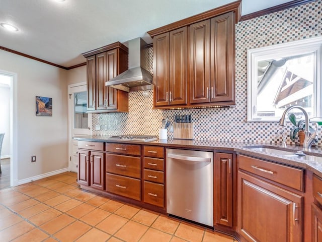 1410 Corto Dr, Dallas, TX 75218 - kitchen featuring stainless steel appliances, wall chimney exhaust hood, a sink, ornamental molding, and tasteful backsplash