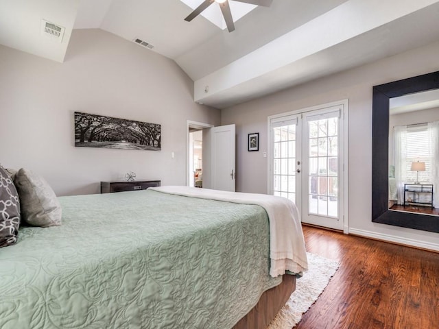 1410 Corto Dr, Dallas, TX 75218 - bedroom featuring access to outside, wood finished floors, vaulted ceiling, ceiling fan, and baseboards