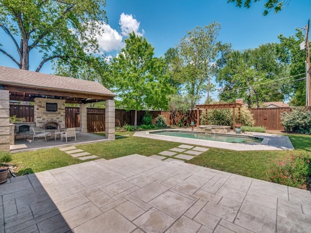 1410 Corto Dr, Dallas, TX 75218 - view of patio with an outdoor stone fireplace and a gazebo
