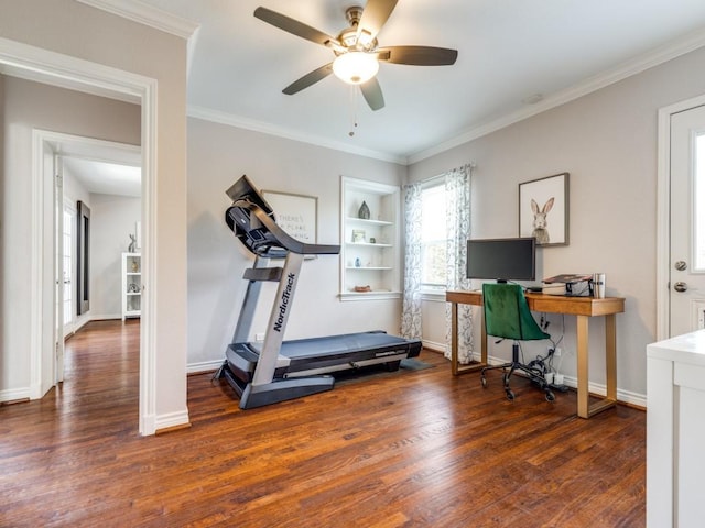 1410 Corto Dr, Dallas, TX 75218 - exercise room featuring ceiling fan, wood finished floors, crown molding, built in shelves, and baseboards