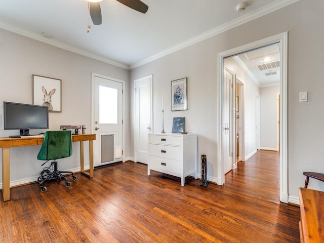 1410 Corto Dr, Dallas, TX 75218 - office area featuring crown molding, wood finished floors, a ceiling fan, attic access, and baseboards