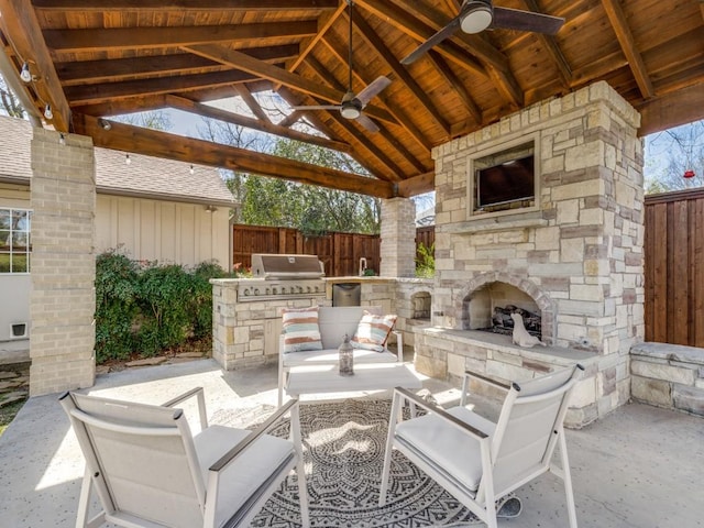 1410 Corto Dr, Dallas, TX 75218 - view of patio / terrace featuring a gazebo, an outdoor stone fireplace, and a ceiling fan