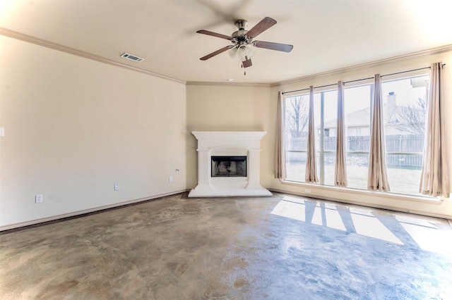 1209 Kachina Ln, Fort Worth, TX 76052 - unfurnished living room featuring crown molding, ceiling fan, a fireplace with raised hearth, and concrete floors