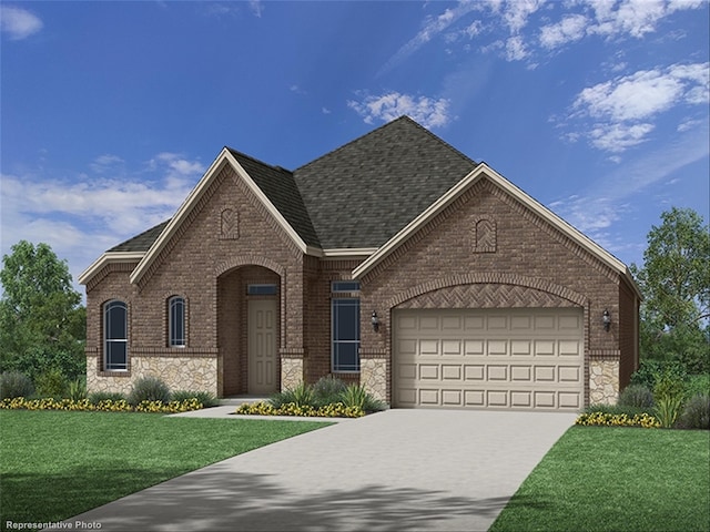 1401 Kadynce Ln, Anna, TX 75409 - view of front facade with a front yard, concrete driveway, a garage, stone siding, and brick siding