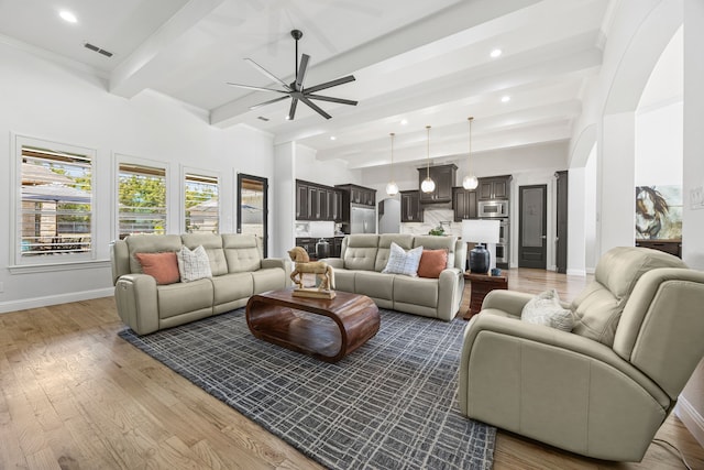 504 Shadow Wood Ln, Heath, TX 75032 - living room featuring beam ceiling, a ceiling fan, wood finished floors, baseboards, and recessed lighting