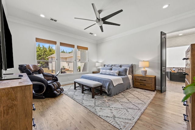 504 Shadow Wood Ln, Heath, TX 75032 - bedroom featuring baseboards, light wood-style flooring, recessed lighting, ornamental molding, and a ceiling fan