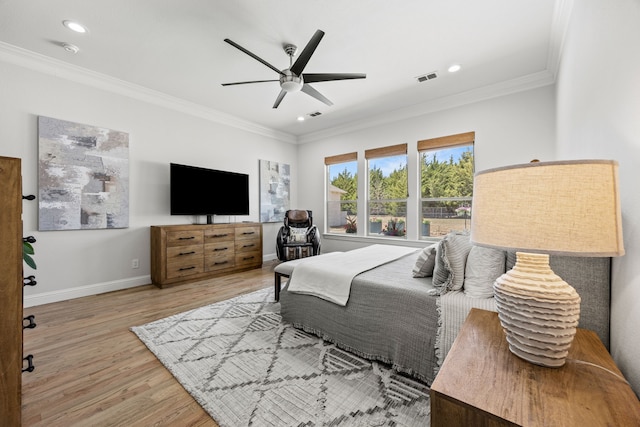 504 Shadow Wood Ln, Heath, TX 75032 - bedroom featuring wood finished floors, ornamental molding, baseboards, recessed lighting, and ceiling fan