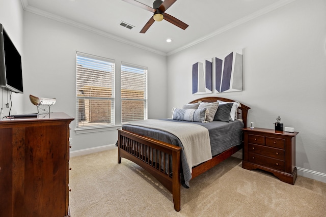 504 Shadow Wood Ln, Heath, TX 75032 - bedroom with light carpet, crown molding, baseboards, recessed lighting, and ceiling fan