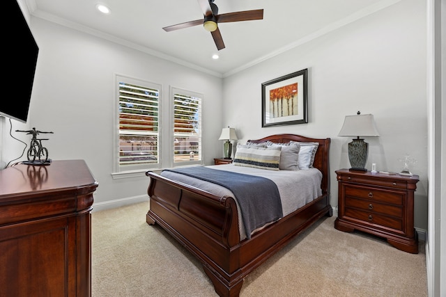 504 Shadow Wood Ln, Heath, TX 75032 - bedroom with light carpet, recessed lighting, crown molding, baseboards, and ceiling fan