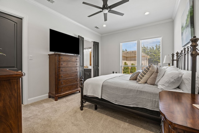 504 Shadow Wood Ln, Heath, TX 75032 - bedroom featuring light carpet, ornamental molding, baseboards, recessed lighting, and ceiling fan