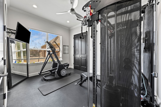 504 Shadow Wood Ln, Heath, TX 75032 - exercise area with ornamental molding, baseboards, recessed lighting, and a ceiling fan