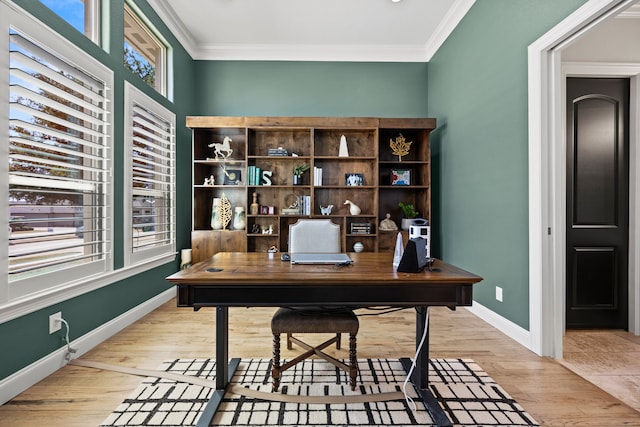 504 Shadow Wood Ln, Heath, TX 75032 - office area with crown molding, light wood finished floors, and baseboards
