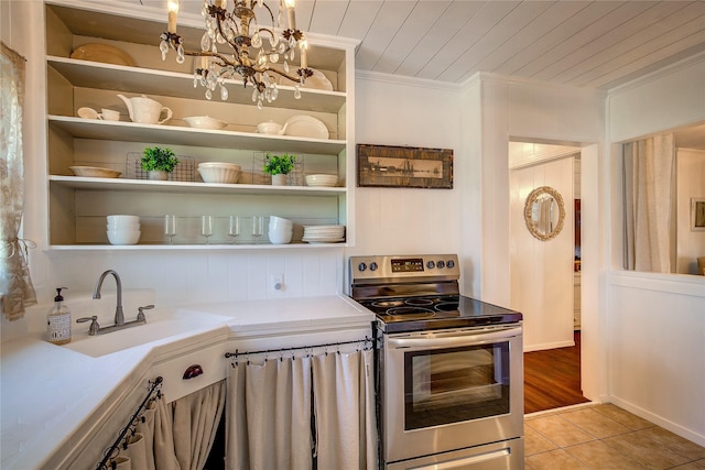 kitchen with crown molding, wooden ceiling, a sink, open shelves, and stainless steel range with electric stovetop