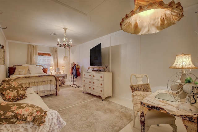 bedroom featuring a notable chandelier, visible vents, crown molding, and light colored carpet