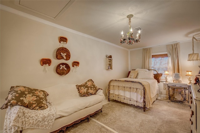 carpeted bedroom featuring visible vents and ornamental molding