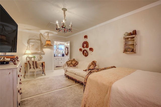 carpeted bedroom featuring baseboards, ornamental molding, and a notable chandelier