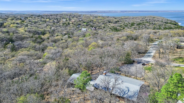 birds eye view of property with a wooded view and a water view