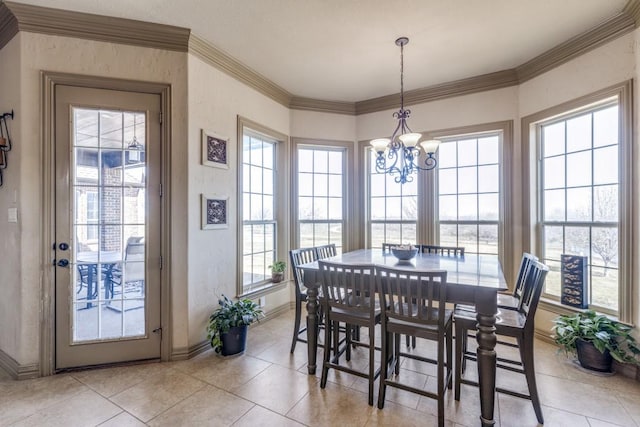 1211 Meredith Creek Ln, Fort Worth, TX 76179 - dining space featuring baseboards, light tile patterned floors, ornamental molding, and an inviting chandelier