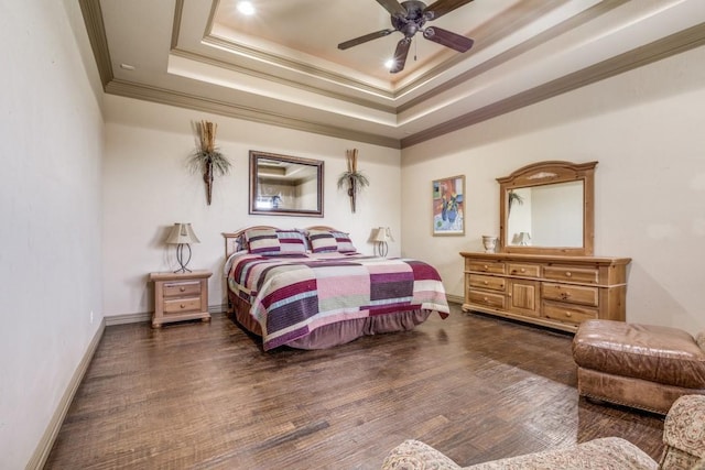 1211 Meredith Creek Ln, Fort Worth, TX 76179 - bedroom with crown molding, baseboards, ceiling fan, wood finished floors, and a tray ceiling