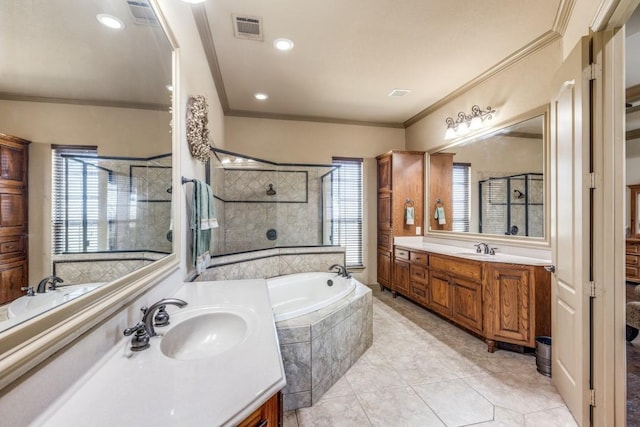 1211 Meredith Creek Ln, Fort Worth, TX 76179 - bathroom featuring tiled shower, a sink, a bath, visible vents, and a healthy amount of sunlight