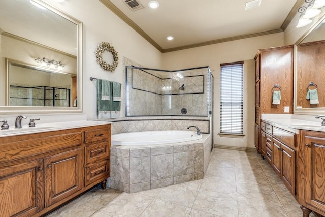 1211 Meredith Creek Ln, Fort Worth, TX 76179 - bathroom featuring visible vents, crown molding, a sink, and a garden tub
