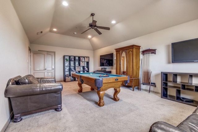 1211 Meredith Creek Ln, Fort Worth, TX 76179 - playroom with vaulted ceiling, pool table, light carpet, ceiling fan, and recessed lighting