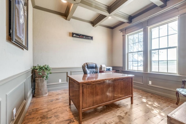 1211 Meredith Creek Ln, Fort Worth, TX 76179 - home office featuring hardwood / wood-style flooring, a wainscoted wall, coffered ceiling, and beam ceiling