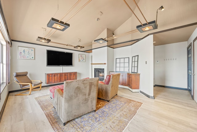 living area with light wood-style floors, baseboards, a warm lit fireplace, and high vaulted ceiling