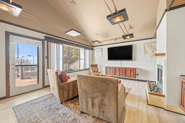 living room featuring a fireplace with flush hearth, light wood-style floors, and vaulted ceiling