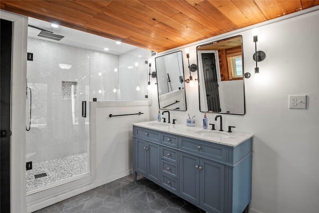 104 Henderson Harbor Cir, Payne Springs, TX 75156 - full bath with tile patterned flooring, a shower stall, double vanity, wood ceiling, and recessed lighting