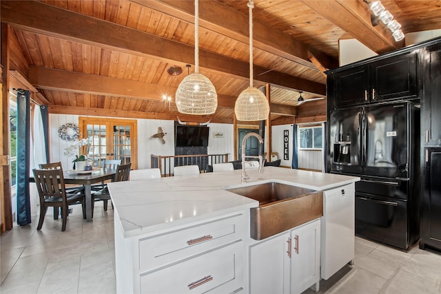 104 Henderson Harbor Cir, Payne Springs, TX 75156 - kitchen featuring black refrigerator with ice dispenser, a sink, white dishwasher, wooden ceiling with exposed beams, and plenty of natural light