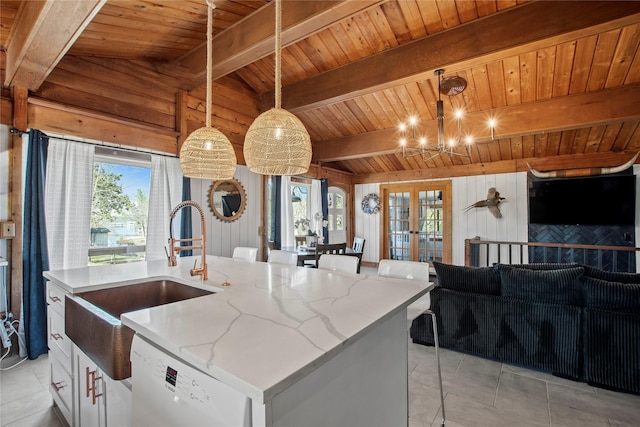 104 Henderson Harbor Cir, Payne Springs, TX 75156 - kitchen featuring white dishwasher, wood ceiling, a sink, plenty of natural light, and light stone counters