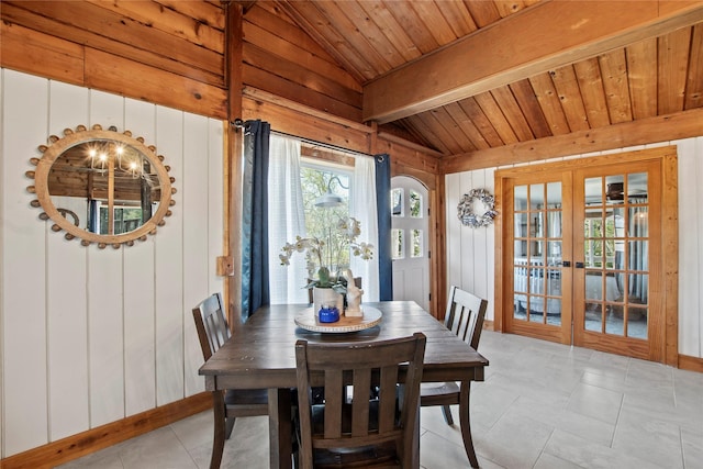 104 Henderson Harbor Cir, Payne Springs, TX 75156 - dining area featuring vaulted ceiling, french doors, wood walls, and wooden ceiling