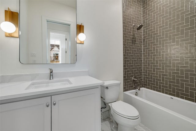 full bathroom with marble finish floor, shower / bathtub combination, toilet, and vanity