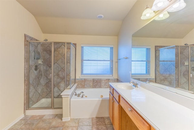 1032 Bending Oak Dr, Cedar Hill, TX 75104 - full bath featuring vanity, a stall shower, a tub with jets, healthy amount of natural light, and vaulted ceiling