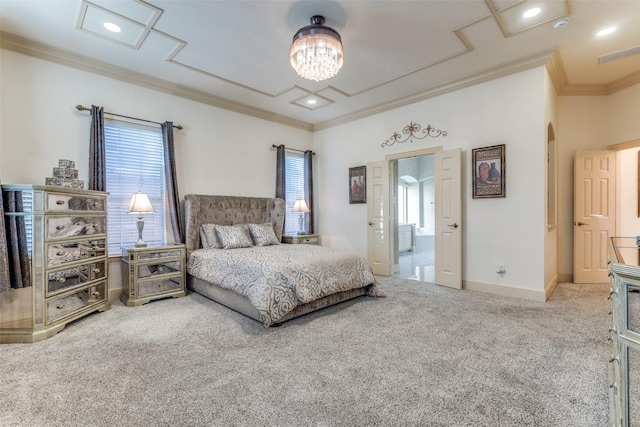 12252 Skipper Dr, Frisco, TX 75035 - carpeted bedroom featuring crown molding, arched walkways, a chandelier, and baseboards
