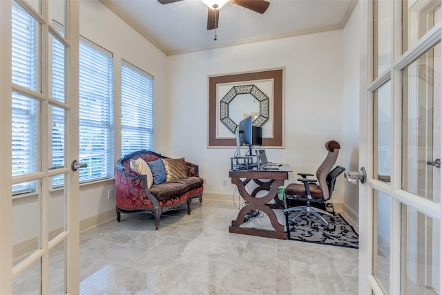 12252 Skipper Dr, Frisco, TX 75035 - living area featuring french doors, ornamental molding, ceiling fan, baseboards, and a desk