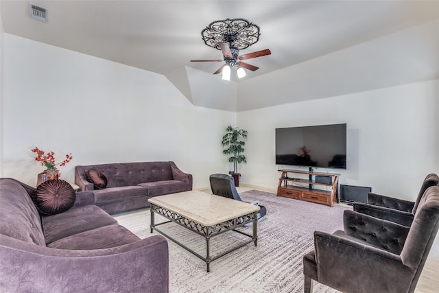 12252 Skipper Dr, Frisco, TX 75035 - living room featuring ceiling fan, vaulted ceiling, baseboards, and carpet flooring