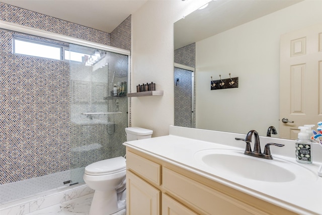 12252 Skipper Dr, Frisco, TX 75035 - full bath with toilet, vanity, a stall shower, and marble look tiles