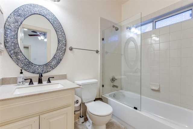 12252 Skipper Dr, Frisco, TX 75035 - full bath featuring toilet, vanity, shower / tub combination, a ceiling fan, and a textured wall