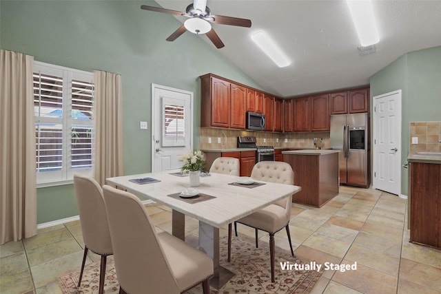 11279 Snyder Dr, Frisco, TX 75035 - dining room with a ceiling fan and vaulted ceiling