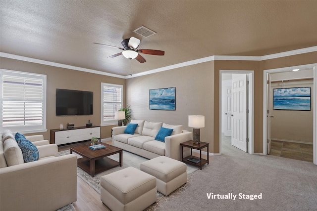 11279 Snyder Dr, Frisco, TX 75035 - living area with a ceiling fan, a textured ceiling, baseboards, and ornamental molding