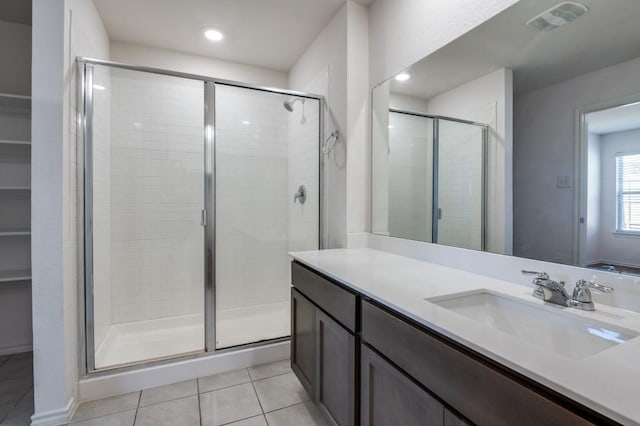 full bathroom with visible vents, recessed lighting, a stall shower, tile patterned floors, and vanity