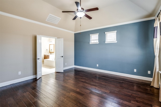 9848 Robinwoods Dr, Frisco, TX 75035 - unfurnished room with vaulted ceiling, ceiling fan, dark wood finished floors, and baseboards