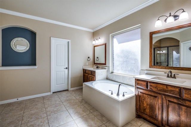 9848 Robinwoods Dr, Frisco, TX 75035 - full bath with ornamental molding, two vanities, a bath, tile patterned floors, and a shower