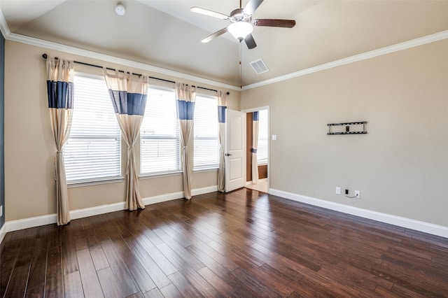 9848 Robinwoods Dr, Frisco, TX 75035 - unfurnished room with vaulted ceiling, a ceiling fan, baseboards, crown molding, and a smoke detector